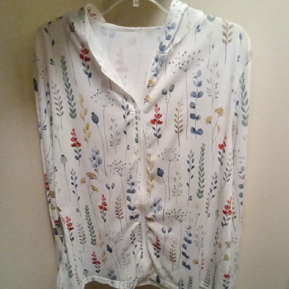 Womans XXL Springtime Floral Print White Zipup Hooded Jacket Lightweight - Picture 3 of 5